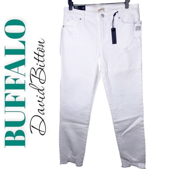 NWT BUFFALO DAVID BITTON Faith White Mid Rise Skinny Jeans Frayed Hem, Size 29 - Picture 1 of 8